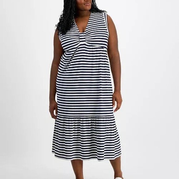 Tommy Hilfiger Womens Plus 2X Navy White Striped Tiered Sleeveless Midi Dress - Picture 1 of 10